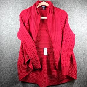 Chaps‎ Open Cardigan Womens L Cotton Blend Cable Knit Red Sweater Cottagecore